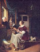 Pieter Cornelisz. van Slingelandt, A young lacemaker is interrupted by a birdseller who offers her ware through the window